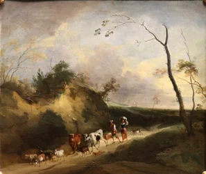 Landschaft mit Figuren und Tieren