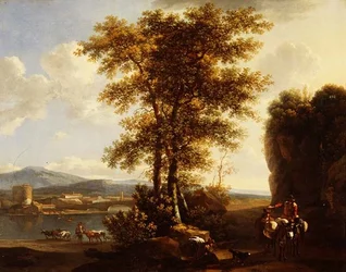 Italienische Flusslandschaft mit Reisenden auf einem Pfad, einem Hirten mit Vieh und einer Stadt im Hintergrund