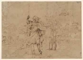 Heiliger Christophorus (oder Heiliger Rochus?) in einer Landschaft