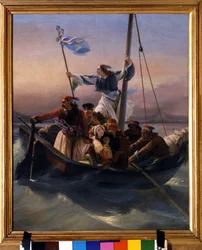 Griechen auf einem Schiff. Allegorie Griechenlands auf dem Weg zur Unabhängigkeit nach der osmanischen Herrschaft und dem Griechischen Unabhängigkeitskrieg (1821-1830) oder der Griechischen Revolution. 1848, Verona