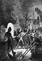 Zeichnung von Leon Benett, aus dem Buch von Jules Verne „Die 500 Millionen der Begum“ - Hetzel-Ausgabe / Außergewöhnliche Reisen 1879. Ein Team von Pudlern arbeitet in einer Stahlgießerei - Gusseisenbarren werden in den Ofen geworfen.