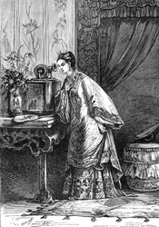 Zeichnung von Leon Benett, aus dem Buch von Jules Verne „Die Leiden eines Chinesen in China“ - Hetzel-Ausgabe / Außergewöhnliche Reisen 1879. Ein junges chinesisches Mädchen hört eine aufgezeichnete Nachricht auf einem Phonographen.