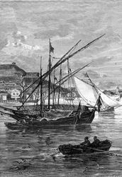 Illustration zu Jules Vernes Roman "Keraban der Starrkopf", Hetzel-Sammlung / Außergewöhnliche Reisen, 1883: der Hafen von Kertsch (Krim) an der Straße von Jenikale zwischen dem Schwarzen Meer und dem Asowschen Meer.