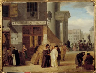 Unter dem Schutz von Minerva, eine Buchhandlung in Lüttich, Belgien, die Bücher verkaufte, die von der Obrigkeit oder der Kirche verboten waren. Joseph II.s Toleranzpolitik (1741-1790) zugunsten der Enzyklopädisten