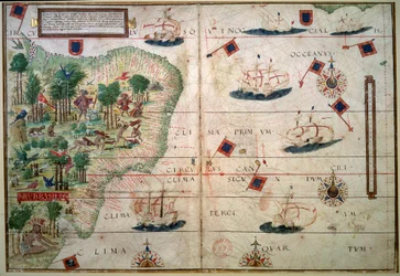 Hydrographische Karte von Brasilien - Manuskript illuminiert „Portugiesischer Nautischer Atlas“ von Kartograph Loppo Homem 1519 Paris. B.N.