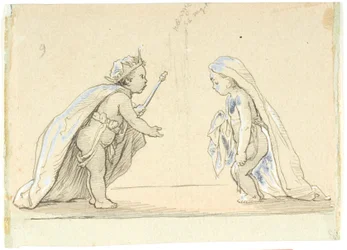 Vignette mit zwei Kindern verkleidet als König und junge Braut