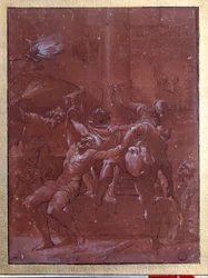 Die Geißelung Christi. Zeichnung mit brauner Tinte und Waschung von Lorenzo Garbieri genannt il Nepote (1580-1654). Paris. Louvre Museum