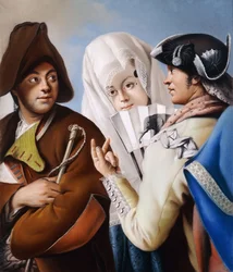 Ein Herr in einer phrygischen Mütze wird von einem Herrn in einem gelben Mantel und einem schwarzen Dreispitz angesprochen, mit einer Dame in einem blauen Brokatkleid und einer weißen Mantilla