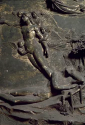 Erschaffung Evas aus der Rippe Adams. Detail der Osttür, genannt Paradies, Schnitzerei