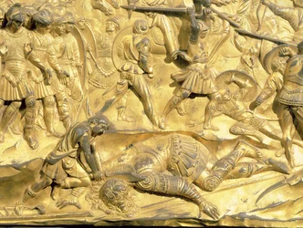 David und Goliath, Detail vom Originalpanel der Osttüren des Baptisteriums, 1425-52 (vergoldete Bronze) (nach der Restaurierung)