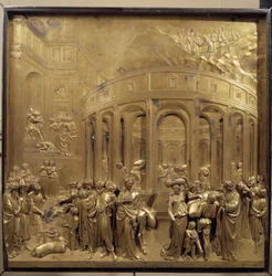 Geschichte des Lebens von Joseph. Die Weizenernte: Die Bauern bringen die Getreidesäcke. Originaltafel der Paradiespforte