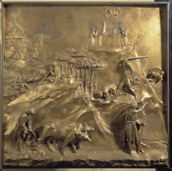 Das Leben von Kain und Abel: das Opfer, die Ermordung Abels und die Verbannung Kains durch Gott. Originaltafel der Paradiespforte