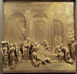 Das Leben Jakobs und Esaus: Esau verkauft sein Erstgeburtsrecht und Isaak segnet Jakob. Originaltafel der Paradiespforte
