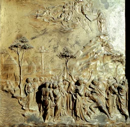 Moses empfängt die Gesetzestafeln Originaltafel des Paradiestores (Osttor des Baptisteriums), nach der Restaurierung. Goldbronze von Lorenzo Ghiberti (1378-1455)