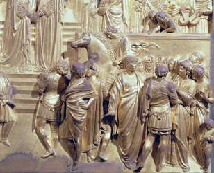 Das Treffen von König Salomo und der Königin von Saba, Detail der Begleiter, von der Originaltafel der Osttüren des Baptisteriums, 1425-52 (nach Restaurierung)
