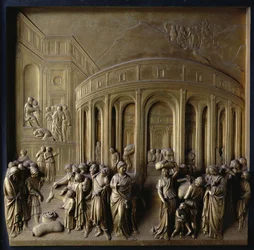 Die Geschichte Josefs: Josef wird in die Sklaverei verkauft, die Auffindung des Silberbechers und Josef wird von seinen Brüdern erkannt, eine von zehn Relieftafeln der Paradiespforte