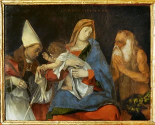 Madonna mit Kind, ein heiliger Bischof und der Einsiedler Heiliger Onofrio
