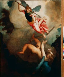 Der Erzengel Michael jagt Luzifer. Gemälde von Lorenzo Lotto, 1551-1555. Loreto, Palazzo Apostolico