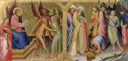 St. Jakobus und Hermogenes und das Martyrium des St. Jakobus, Predella-Panel eines Altars für die Nobili-Kapelle in Santa Maria degli Angeli, Florenz