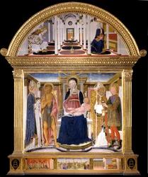 Madonna mit Kind und Heiligen Blasius, Johannes der Täufer, Nikolaus und Florian. Die Verkündigung, 1462
