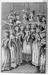 Illustration von Louis Binet (1744-1800) für das Buch von Nicolas Edme Restif de La Bretonne „Die Pariserinnen oder XL allgemeine Charakterbilder nach den heutigen Sitten, geeignet zur Unterweisung der Personen weiblichen Geschlechts, aus den Erinnerungen