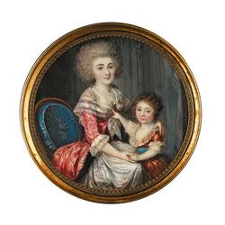 Eine junge Dame namens Madame de Genlis, die ihren jungen Sohn umarmt