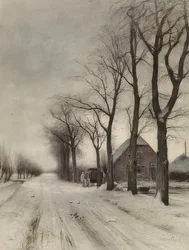 Winterlandschaft mit Bauernhof an einer Allee