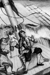 Jede Minute erwartete ich, verschlungen zu werden. Gravur nach einer Zeichnung von M. de Sainson für das Buch von Daniel Defoe "Robinson Crusoe", französische Ausgabe von 1837