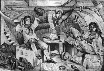 Ich war betrunken und in einer Nacht der Ausschweifung ertränkte ich all meine Reue... Gravur nach einer Zeichnung von M. de Sainson für das Buch von Daniel Defoe „Robinson Crusoe“, französische Ausgabe von 1837