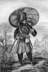 Ich trug einen Hut von einer Höhe... Gravur nach der Zeichnung von M. de Sainson für das Buch von Daniel Defoe „Robinson Crusoe“ französische Ausgabe von 1837.