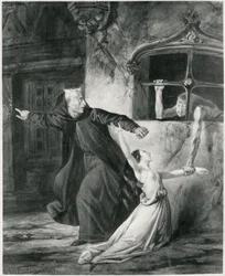 Sachette, Esmeralda und Claude Frollo, Illustration zu „Der Glöckner von Notre-Dame“ von Victor Hugo (1802-85), 1831