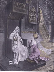 Die Dame und der Mönch, Illustration aus Decameron von Boccaccio, veröffentlicht von Navarre Society 1930er Jahre (Lithographie)
