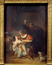 Archidiakon Frollo und Esmeralda. Phoebus und Esmeralda umschlungen; hinter Phoebus erscheint Claude Frollo mit einem Dolch, um seinen Rivalen im Herzen der Zigeunerin zu töten. Illustration zu „Der Glöckner von Notre-Dame“ von Victor Hugo (1802-1885).