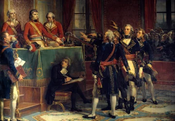 Die drei Konsuln: Bonaparte, Cambacérès und Lebrun nehmen die Eide der Präsidenten entgegen. Rechts Emmanuel-Joseph (Emmanuel Joseph) Sieyès (1748-1836) und Pierre-Roger (Pierre Roger) Ducos (Roger Ducos) (1747-1816).