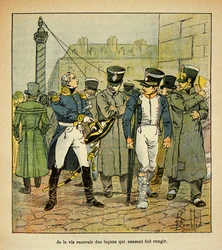 Illustration von Louis Bombled aus dem Buch „Das Memorial von Saint Helene“ von Graf Emmanuel de Las Cases: Ein ehemaliger Offizier Napoleons ruft unter der Restauration ehemalige Rekruten auf, das Kaiserreich abzulehnen, Teilsammlung