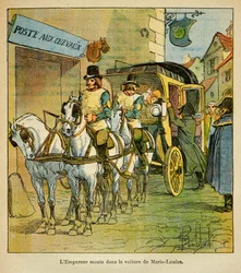 Illustration von Louis Bombled aus dem Buch „Das Memorial von Saint Helene“ von Graf Emmanuel de Las Cases: Kaiser Napoleon fährt im Wagen, um seine Frau Marie Louise 1810 zu treffen, Private Sammlung