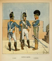 Illustration von Louis Bombled aus dem Buch „Das Memorial von Saint Helene“ von Graf Emmanuel de Las Cases: Englische Artillerie: Zu Fuß; Zu Pferd, Private Sammlung
