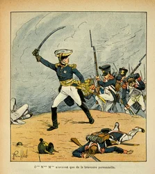 Illustration aus dem Buch „The Memorial of Saint Helene“ von Graf Emmanuel de Las Cases: Eine Generalangriff an der Spitze seiner Truppen