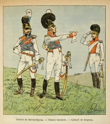 Illustration aus dem Buch „The Memorial of Saint Helene“ von Graf Emmanuel de Las Cases: Bayerisches Militär: Oberst der leichten Kavallerie; Bayerischer Offizier; Oberst der Dragoner