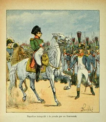 Illustration von Bombled Louis (1862-1927) aus dem Buch „Das Memorial von St. Helena“ von Graf Emmanuel de Las Cases (1766-1842): Napoleon ruft eine Parade durch einen Leutnant, Private Sammlung