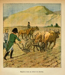 Auf St. Helene zieht der Kaiser Napoleon eine Furche mit dem Pflug, aus dem Buch „The Memorial of Saint Helene“ von Graf Emmanuel de Las Cases