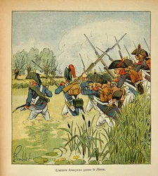 Illustration von Louis Bombled (1862-1927) aus dem Buch „Das Memorial von Saint Helena“ von Graf Emmanuel de Las Cases (1766-1842): Die französische Armee überquert die Piave während des Italienfeldzugs, Privatbesitz