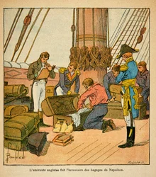 Illustration von Louis Bombled aus dem Buch „Das Memorial von Saint Helene“ von Graf Emmanuel de Las Cases: Die englische Admiralität macht ein Inventar des Gepäcks von Kaiser Napoleon vor seiner Abreise nach St. Helene 1815