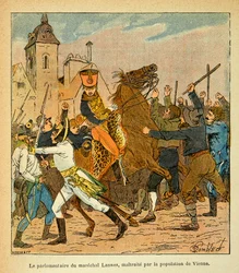 Illustration von Louis Bombled aus dem Buch „Das Memorial von Saint Helene“ von Graf Emmanuel de Las Cases: Der Parlamentär von Marschall Lannes wird von der Bevölkerung Wiens misshandelt