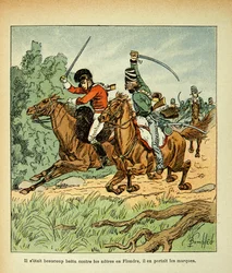 Illustration von Louis Bombled aus dem Buch „Das Memorial von Saint Helene“ von Graf Emmanuel de Las Cases: Kampf zwischen französischen und englischen Reitern