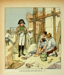 Illustration von Bombled Louis (1862-1927) aus dem Buch „Das Memorial von Sankt Helena“ des Grafen Emmanuel de Las Cases (1766-1842): Auf der Insel Elba stürzte ein Maurer, der an den vom Kaiser angeordneten Bauten beschäftigt war. Napoleon versuchte ihn