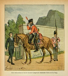 Illustration von Louis Bombled aus dem Buch „Das Memorial von Saint Helene“ von Graf Emmanuel de Las Cases: Ein Befehlshaber zu Pferd kommt nach Longwood und fragt nach dem Atlas von Le Sage