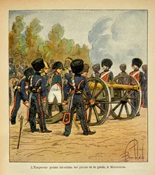 Illustration von Louis Bombled aus dem Buch „Das Memorial von Saint Helene“ von Graf Emmanuel de Las Cases: Kaiser Napoleon richtet selbst die Kanonen der Garde in der Schlacht von Montereau