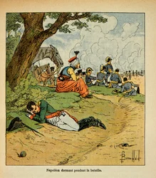 Illustration von Louis Bombled aus dem Buch „Das Memorial von Saint Helene“ von Graf Emmanuel de Las Cases: Der Kaiser Napoleon schläft während der Schlacht
