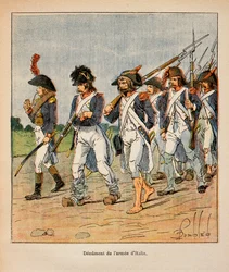 Illustration von Louis Bombled aus dem Buch „Das Memorial von Saint Helene“ von Graf Emmanuel de Las Cases: Denunziation der Armee von Italien